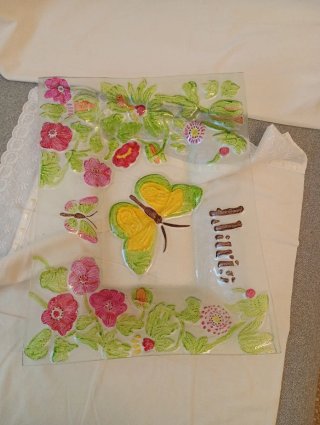 Centro Tavola Vetro Decorato Farfalla Fiori 44x33c