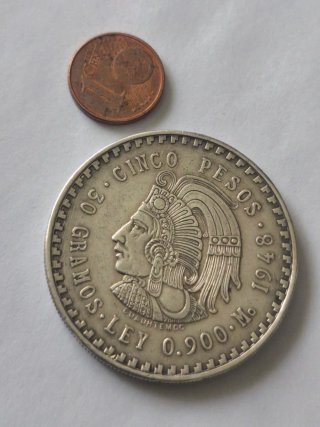 Moneda plata 5 pesos Cuauhtémoc, 1948.
