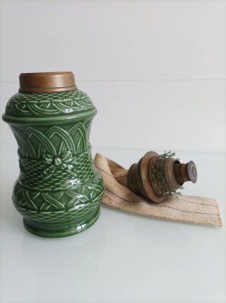 Quinqué antiguo cerámica esmaltada verde