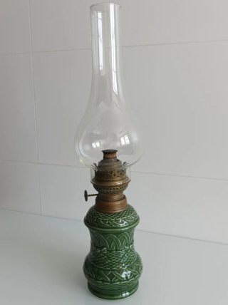 Quinqué antiguo cerámica esmaltada verde