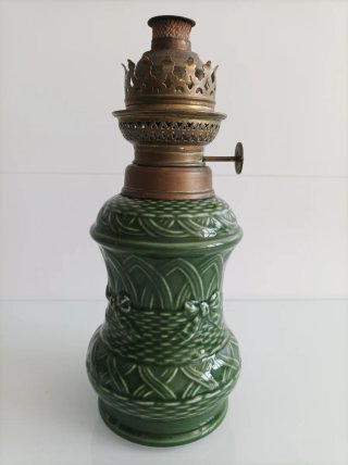 Quinqué antiguo cerámica esmaltada verde