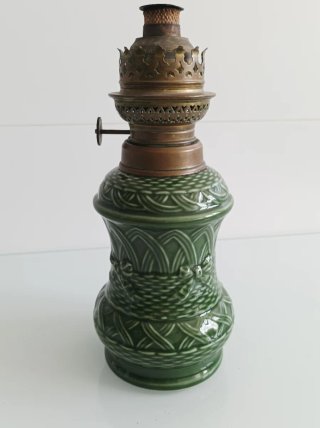 Quinqué antiguo cerámica esmaltada verde