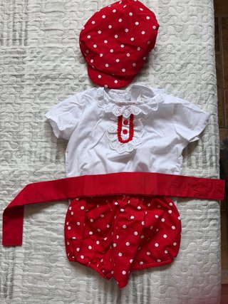 Traje de feria bebé 12m lunares blanco y rojo
