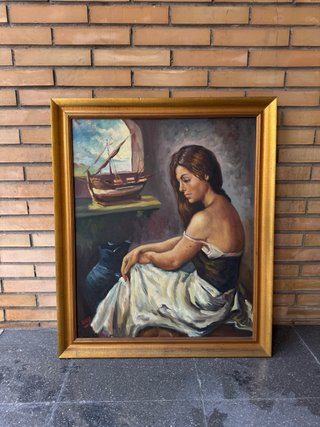 Pintura al óleo Mujer y Barco