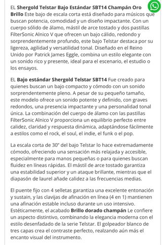 Shergold Telstar Standard Bass SBT14 Champagne Gol