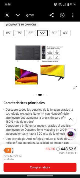 LG Nano 4K UHD AI NU85 55 139cm