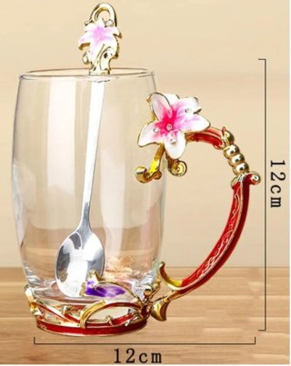 Taza cristal decorada con cucharilla y posavasos