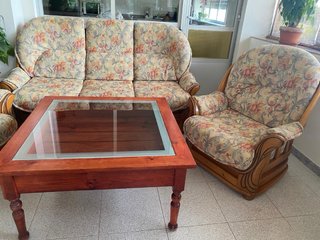 Sofá y mesa de centro de madera y cristal