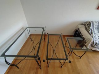 Conjunto 3 mesas cristal y metal negro