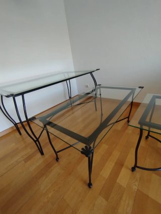 Conjunto 3 mesas cristal y metal negro