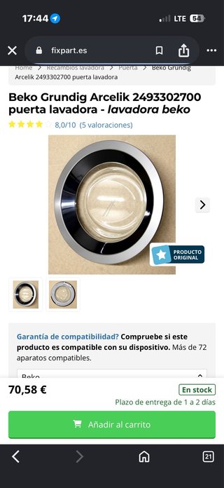 Porta per lavatrice Beko Grundig Arcelik 2493302700