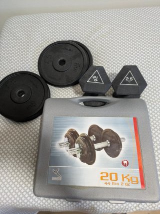 Pesas 20kg con Maletín+4 pesas 5kg+2 de1,5kg+banco