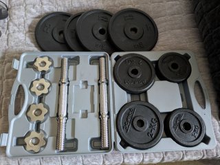 Pesas 20kg con Maletín+4 pesas 5kg+2 de1,5kg+banco