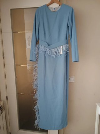 Vestido elegante azul con plumas