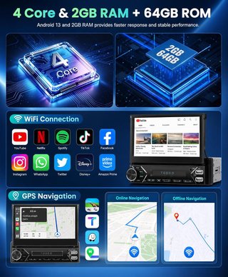 SIXWIN 2+64G Android 13 1 DIN Radio con Pantalla,