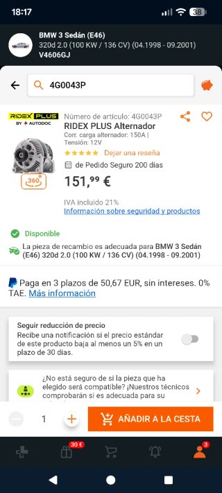 Alternador BMW E46 320d 136cv