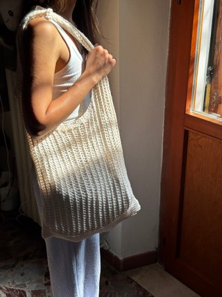 Borsa shopper crochet rete beige panna