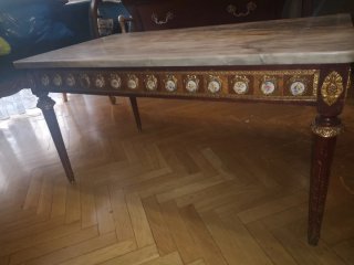 Mesa de centro mármol, madera, medallones.Vintage