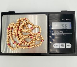Cadena Bolas Oro 18K y piedras Rojas; 62cm 15.61gr