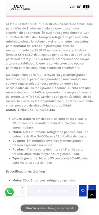 Pit Bike MTR SX50 XL Infantil 50cc Nº 1