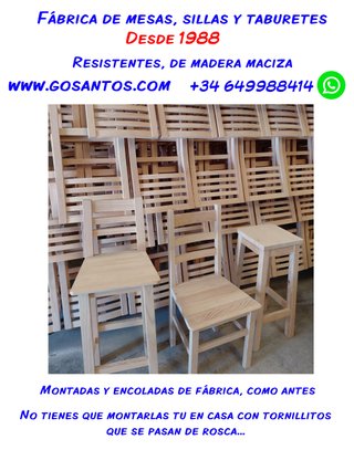 Mesas, sillas, taburetes, barricas, bancos madera