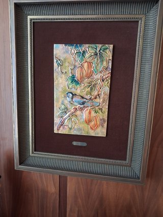 Cuadro pájaro y frutos decorativo firmado R. ORIA