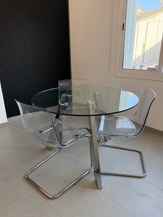 Conjunto mesa cristal diseño + 3 sillas