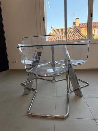 Conjunto mesa cristal diseño + 3 sillas