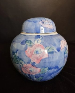 Jarrón Tibor de Porcelana Azul y Rosa
