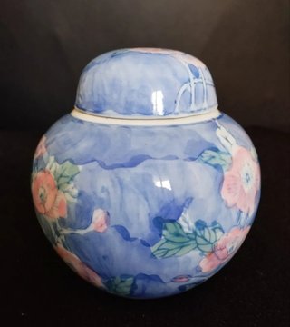 Jarrón Tibor de Porcelana Azul y Rosa