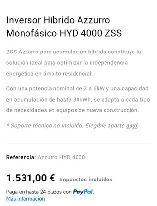 Inversor placas Híbrido Azzurro Monofásico 4000ZSS