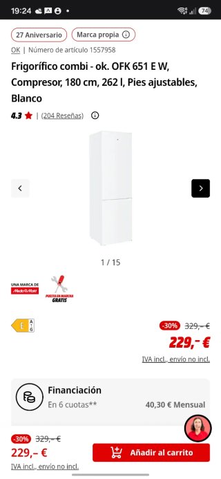 Frigorífico Combi OK. 1,80m Blanco