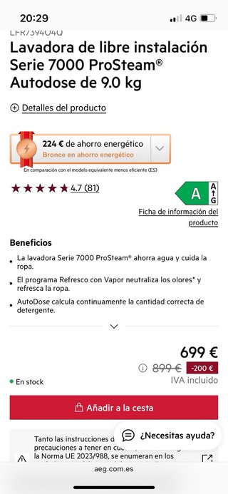 Lavadora AEG 7000 ProSteam Autodose 9kg