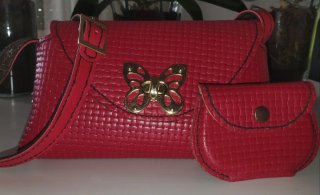 Bolso y cartera de piel con cierre de mariposa.