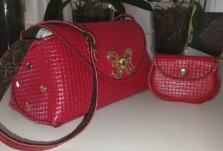 Bolso y cartera de piel con cierre de mariposa.