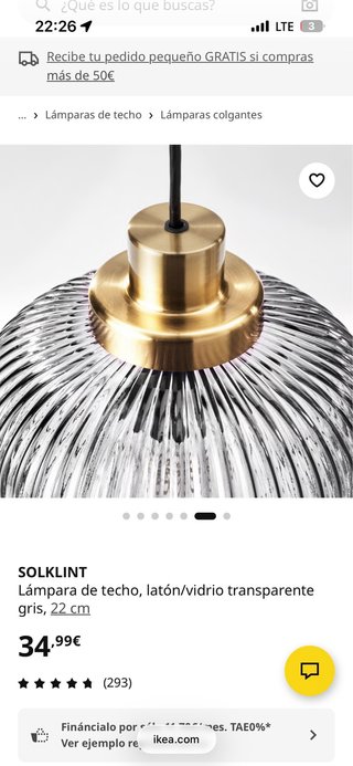 Lámpara IKEA SOLKLINT cristal y metal