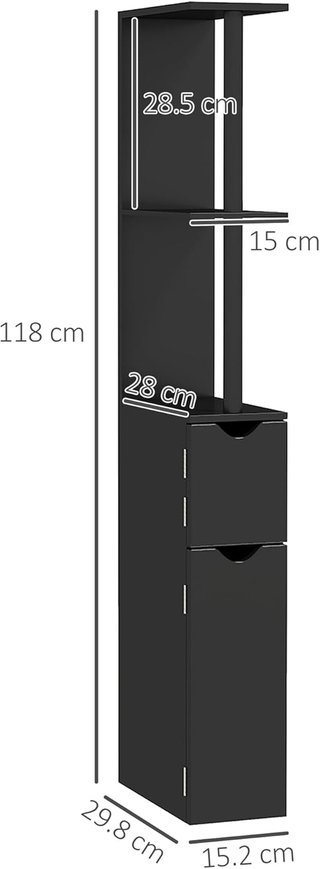 Mueble de Baño Ahorra Espacio en Columna con 2 Estantes y 2 Armarios, Columna de Baño de Madera para Salón, 15.2X29.8X118 Cm, Negro
