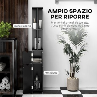 Mueble de Baño Ahorra Espacio en Columna con 2 Estantes y 2 Armarios, Columna de Baño de Madera para Salón, 15.2X29.8X118 Cm, Negro