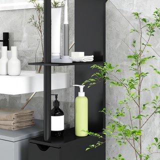 Mueble de Baño Ahorra Espacio en Columna con 2 Estantes y 2 Armarios, Columna de Baño de Madera para Salón, 15.2X29.8X118 Cm, Negro