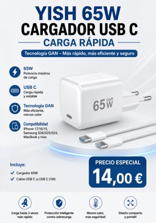 Cargador YISH 65W USB C Carga Rápida GAN
