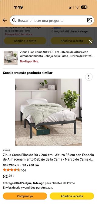 Cama individual 1.90x90 metálica + colchón incluid