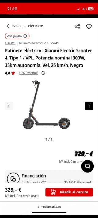 Patinete Eléctrico Xiaomi 300W Negro