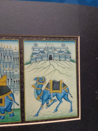 Lamina, 28x18 cm. pinturas en miniatura de Rajasthan, titulado "Three Cities of Rajasthan"