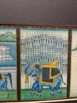 Lamina, 28x18 cm. pinturas en miniatura de Rajasthan, titulado "Three Cities of Rajasthan"
