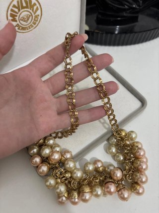 Collana vintage perle rosa e oro