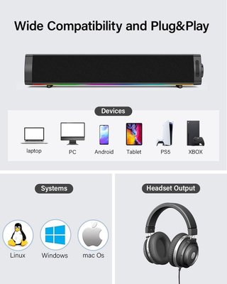 ZETIY barra sonido USB LED RGB 10W 3 entradas