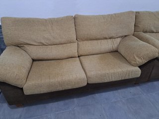 Sofá 3 y 2 plazas tela beige y marrón