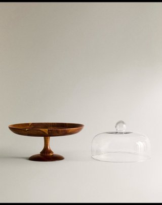 Plato de tarta de madera y cristal zara home