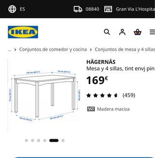 Mesa y 4 sillas de comedor de madera Ikea Hagernas