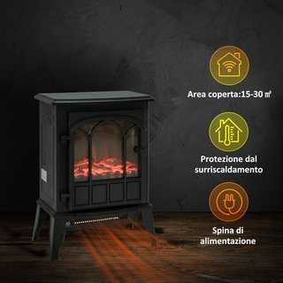 Estufa Eléctrica de Suelo Potencia 1000W / 2000W Con Efecto Llama de Brillo Regulable, Chimenea Eléctrica Con Temperatura Regulable y Protección Contra Sobrecalentamiento, 39X23X56.5Cm, Negro